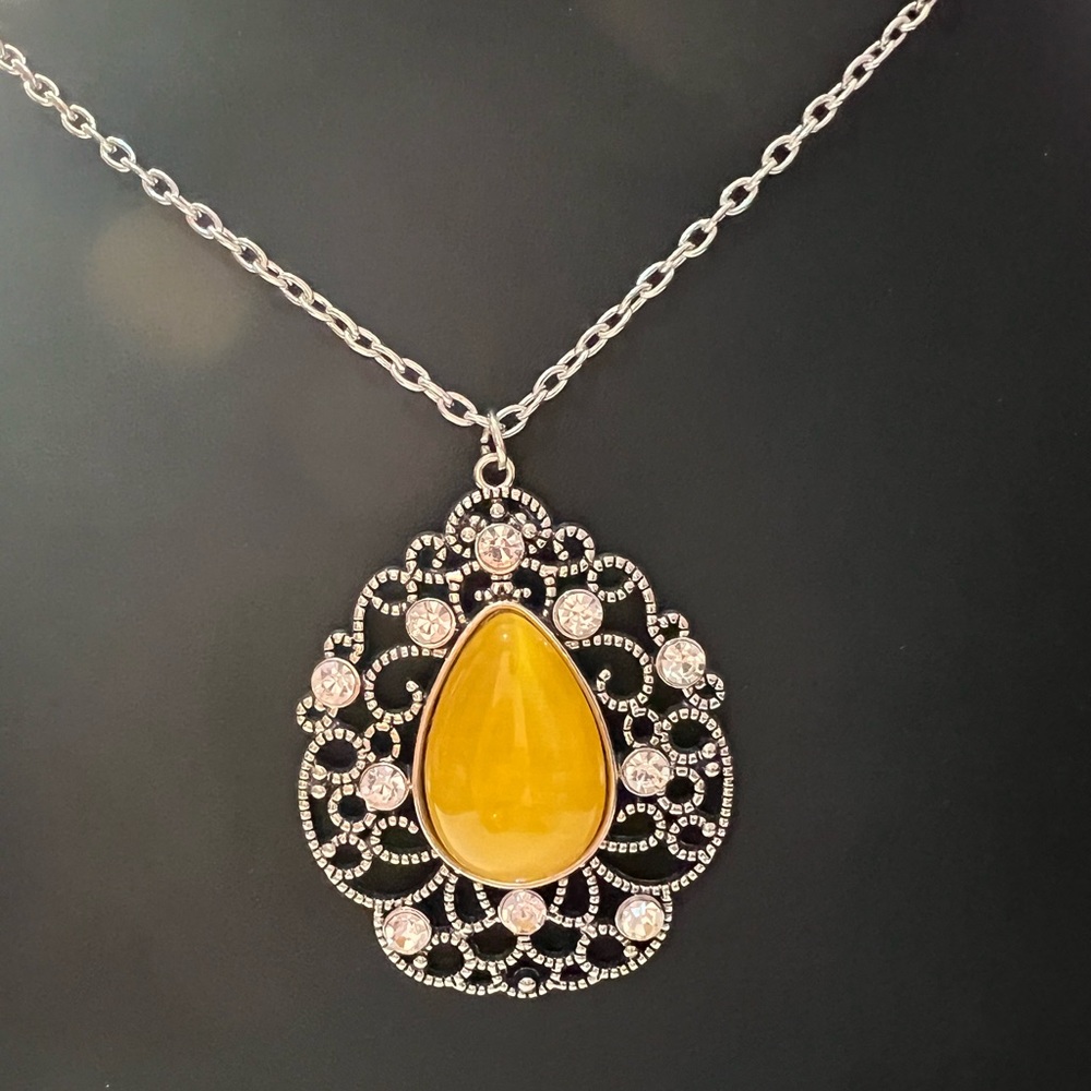 Yellow and Silver with White Rhinestones Long Necklace.